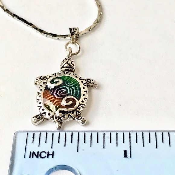 Silver Sea Turtle Pendant Necklace Colorful Enamel Plated 19" Nautical Island - Picture 10 of 14